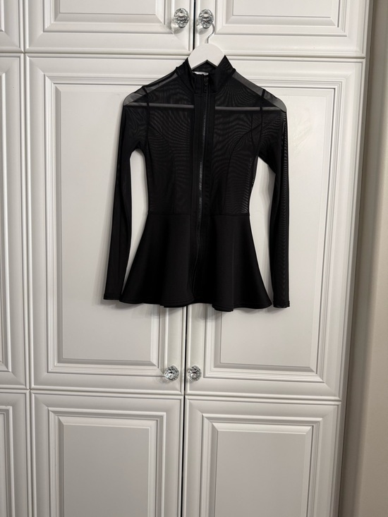 Revamped Size Small Black Mesh Zip Front Sheer Long Sleeves Flared Peplum Waist - Picture 4 of 12